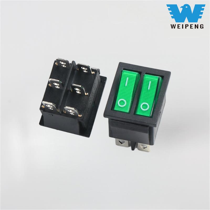 Sakelar Rocker 6-Pin 2 Posisi Kutub Ganda KCD4 dengan Lampu Hijau