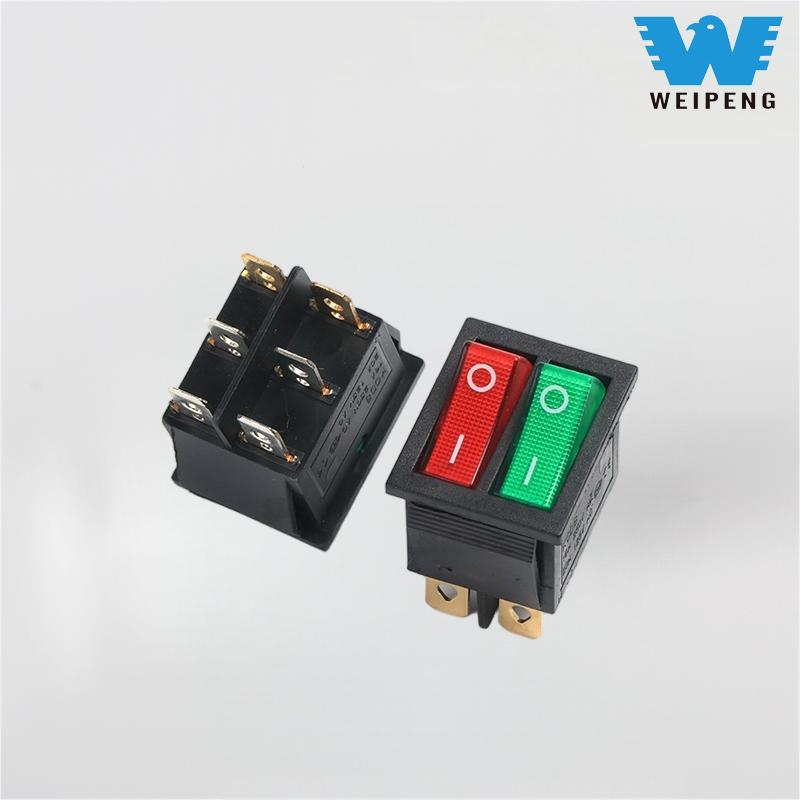 Kcd4 Saklar Berbentuk Perahu Rocker Ganda Dpdt 6-Pin dengan Lampu Merah dan Hijau